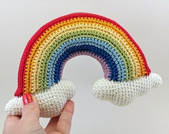 Crocheted RAINBOW 100% cotton, Amigurumi soft toy plushie rainbow, baby safe / pet safe, baby rattle. Medium size. Worldwide shipping