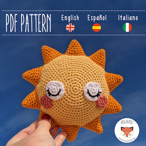 PDF Crochet Happy Sun Amigurumi Pattern – Häkelmuster ohne Nähen – Babysicher – Ausführliche Fotoanleitung auf Englisch, Spanisch und Italienisch