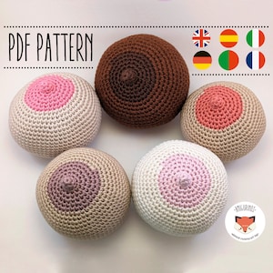 No-sew PDF Crochet Boob Breast model Amigurumi Pattern - Tutorial in English, Español, Italiano, Français, Deutsch, Português