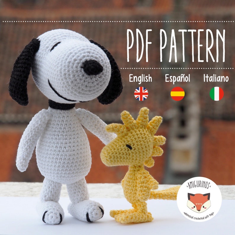 Bundle Patrones amigurumi a ganchillo de Snoopy y Woodstock Emilio de Peanuts Fototutorial en español, inglés, italiano imagen 1