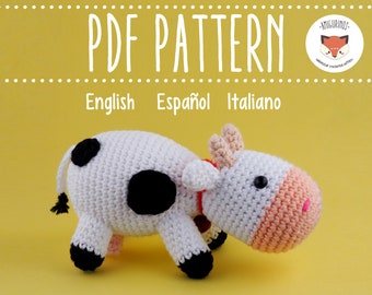 PDF Amigurumi Pattern of Bainne the Cow, Crocheted Cow Pattern. Available in english, español, italiano. Phototutorial. Instant download