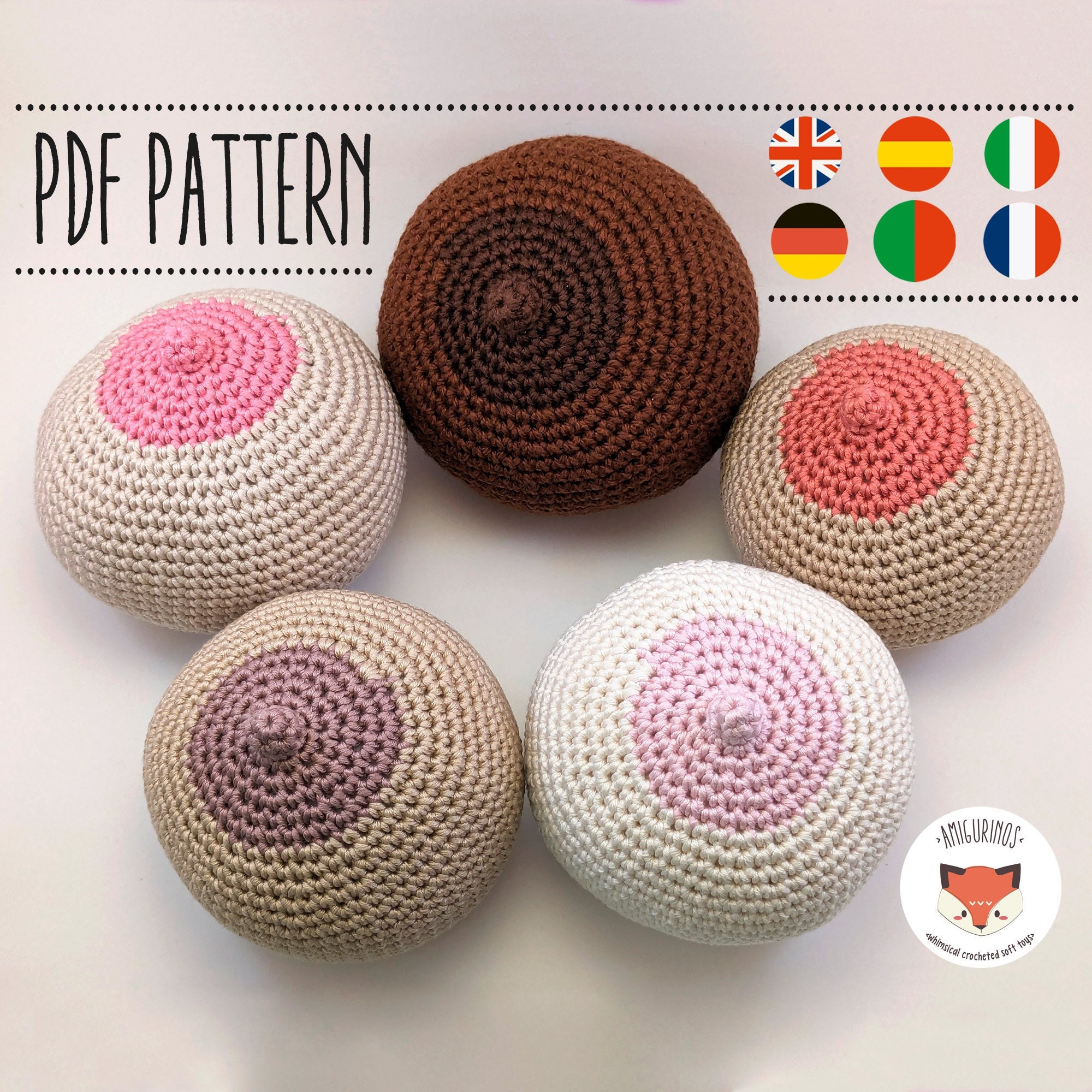 No-sew PDF Crochet Boob Breast model Amigurumi Pattern - Tutorial in English, Español, Italiano, Français, Deutsch, Português