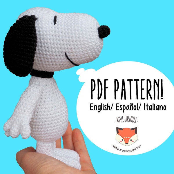 Schema amigurumi all'uncinetto di Snoopy - Tributo Peanuts - Fototutorial dettagliato in italiano, inglese e spagnolo