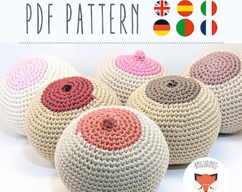 Schema amigurumi di modello anatomico di tetta all'uncinetto. Tutorial PDF di seno con capezzolo sporgente, introflesso, piatto
