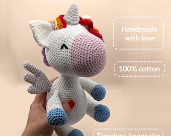 Handmade Crochet Unicorn Plush – 100% Cotton Amigurumi Stuffed Animal, Nursery Decor Toy, Baby Shower Gift