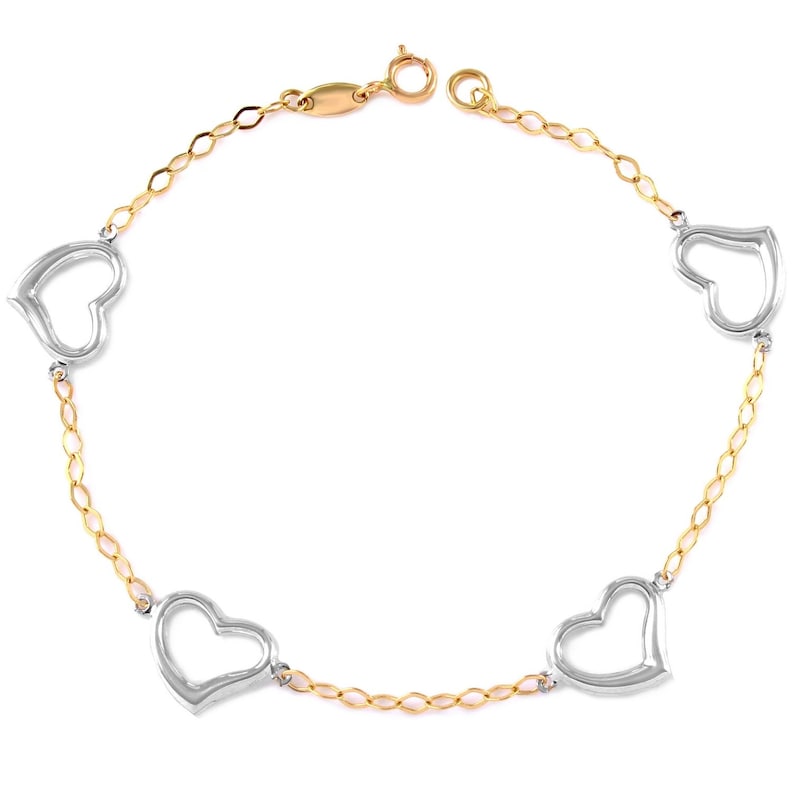 7.25 14k White and Yellow Gold Rolo Heart Charm Bracelet