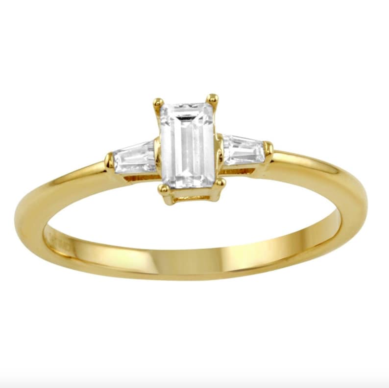 Womens 14k Yellow Gold CZ Baguette Three-Stone Wedding Engagement SIZE 6.5