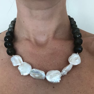Real pearl necklace, moss agate necklace, chunky gemstone necklace, moss agate