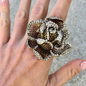 Adjustable rose ring with rhinestones, flower ring with rhinestones, adjustable ring, statement ring