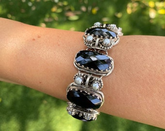 925 Sterling Silver Vintage Adjustable Bracelet with black crystals, handmade silver chain bracelet, vintage sterling silver bracelet