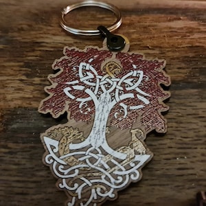 Yggdrasil And Creatures Wooden Key Chain - Key ring - Viking, Norse, World Tree, Tree of Life