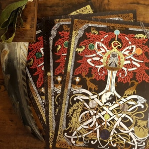 A3 Gold Foil Yggdrasil and Creatures Print - Norse Mythology Knotwork Art, Vikings, Nidhogg, Odin, Runes, Nordic
