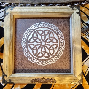 Handcrafted Wooden Dungeons & Dragons Dice Tray with Brown Faux Leather Base and Silver Celtic Knot Design
