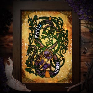 May include: Framed artwork featuring a Viking warrior with a shield and spear, battling a green dragon. The artwork has a gold background with green and purple accents. Runes are written around the dragon. The frame is brown.