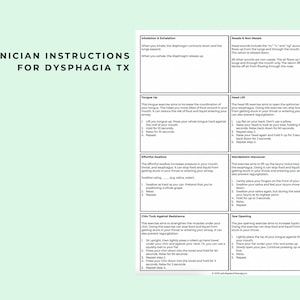 May include: A black and white printable worksheet with instructions for clinician dysphagia therapy. The worksheet includes exercises for tongue, head, jaw, and neck muscles. The exercises are designed to help improve swallowing and reduce the risk of food and liquid entering the airway.