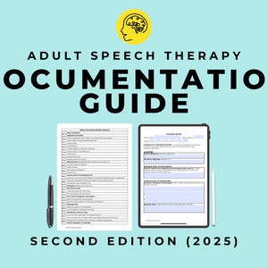 Guía de documentación de terapia del habla para adultos en formato PDF, plantillas y ejemplos para notas, evaluaciones, informes de progreso y de alta.
