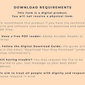 May include: A yellow graphic with a stylized brain design. Text reads: "DOWNLOAD REQUIREMENTS This item is a digital product. You will not receive a physical item. We recommend this product if you have the technical skills and software (see below) to download and open PDF files: 1. Have a free PDF reader: Adobe Acrobat Reader or similar. 2. Follow the Digital Download Guide: the guide will be in the email "Download Your Etsy Purchase" (under "Shop Information"). Still having trouble? You may request the file to be emailed to you. Just message us your best email address. We aim to treat all people with dignity and respect. Please respond in kind."