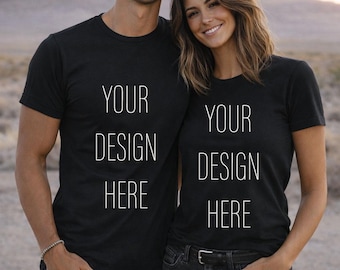Men & Woman Duo Black Bella Canvas 3001 Mockup | Unisex T-Shirt Model Mockup, Couple Apparel Display, Blank Tee Photo