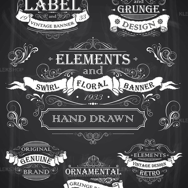 Weiße Etiketten Kreidetafel Banner Ornamental| Kreide zeichnung| Clip Art Rahmen| Swirl Retro Element Design| Digitale Datei| Bearbeitbare Vektor EPS+PNG Dateien