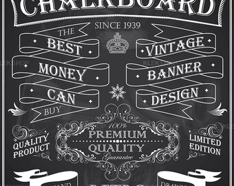 Chalkboard Frames Banners Elements White Set /Chalk Drawing/Clip Art Frame/Swirl Retro Design/Digital file/Editable Vector EPS + PNG Files