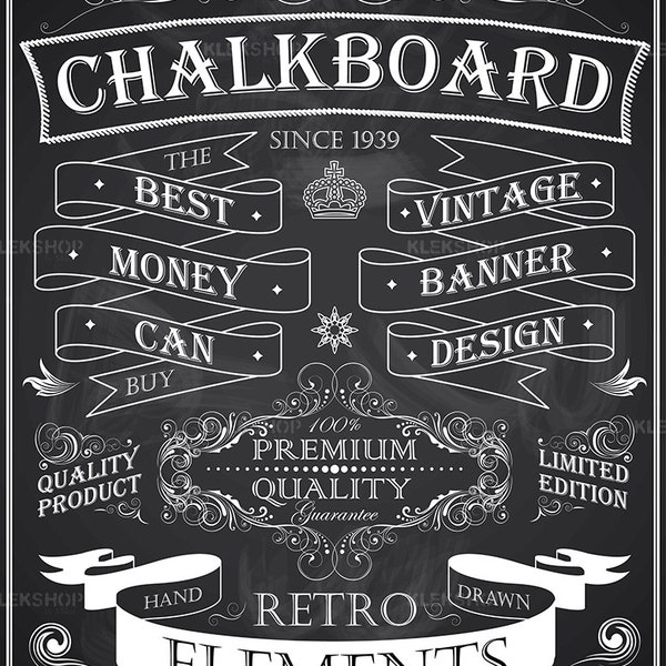 Chalkboard Frames Banners Elements White Set |Chalk Drawing|Clip Art Frame|Swirl Retro Design|Digital file|Editable Vector EPS + PNG Files