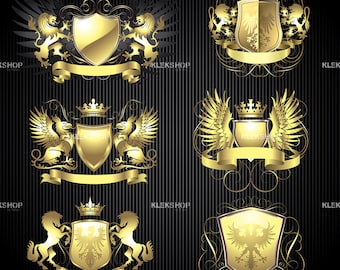 Coat Of Arms Golden Collection Clip Art|Heraldry Set of 6|Royal Shield Wing Digital file|Editable Vector PDF and EPS+ PNG, svg, dxf Files