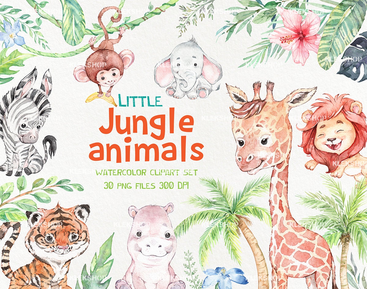 Nursery Art Jungle Watercolor SVG Jungle Baby Shower Printable Art Woodland Cute Animals Watercolor Clipart Safari Animals Bundle PNG