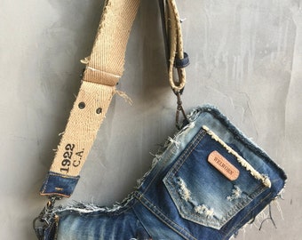 Book Bag, Up-Cycled Denim Bag, Repurposed Denim Shoulder Bag, Hobo Bags, Boro Bag, Recycled Jean Bag,Hipster Bag , Gift for Her,1 of a  kind