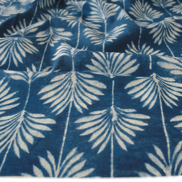 Block-Printed Cotton Fabric / Palm Leaf Design / Indigo Dye