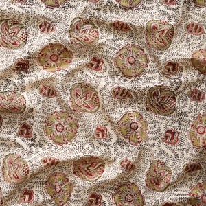 May include: A fabric featuring a repeating floral pattern in shades of muted olive green, dusty rose, and dark brown on an off-white background. The design consists of stylised blossoms and small leaf-like motifs connected by thin, dark brown vines.