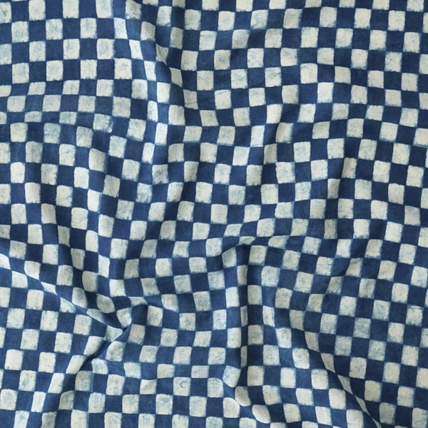 Chequers / Block-Printed Cotton Fabric / Indigo Checks