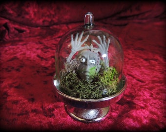 Miniature Horror Pet Zombie in a Bell Jar Dome, Doll Head, Quirky, Halloween, Creepy, Spooky Novelty Kitsch Halloween Decor Goth Alternative