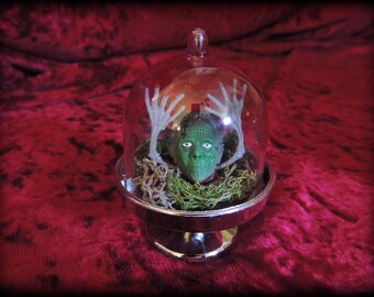 Miniature Horror Pet Zombie in a Bell Jar Dome, Doll Head, Quirky, Halloween, Creepy, Spooky Novelty Kitsch Halloween Decor Goth Alternative