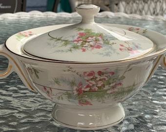 Theodore Haviland Apple Blossom Gold Trim Large Covered Sugar Bowl with Lid