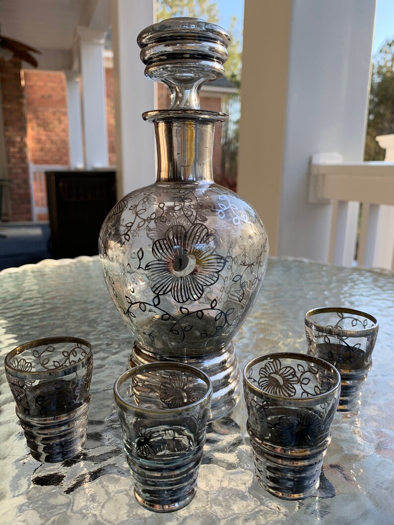 Mid Century Crystal Decanter and Four Shot Glass Set With Etsy