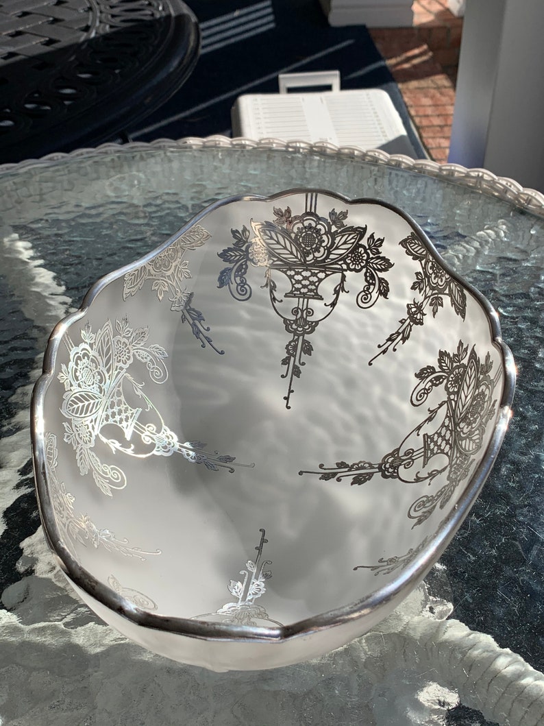 Vintage Frosted Footed Centerpiece Bowl With Scalloped Rim and Ornate Sterling Silver Overlay