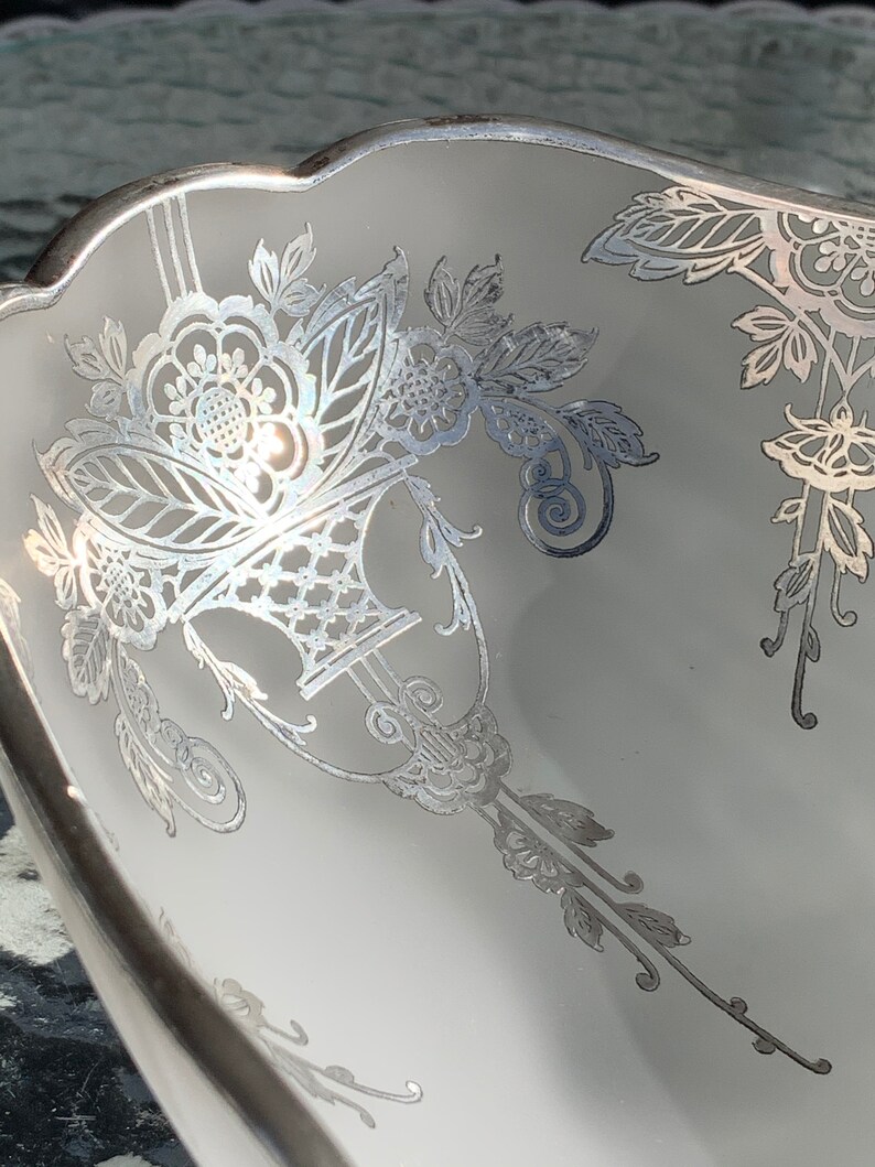Vintage Frosted Footed Centerpiece Bowl With Scalloped Rim and Ornate Sterling Silver Overlay