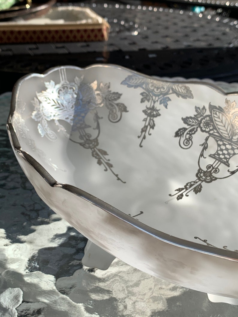 Vintage Frosted Footed Centerpiece Bowl With Scalloped Rim and Ornate Sterling Silver Overlay