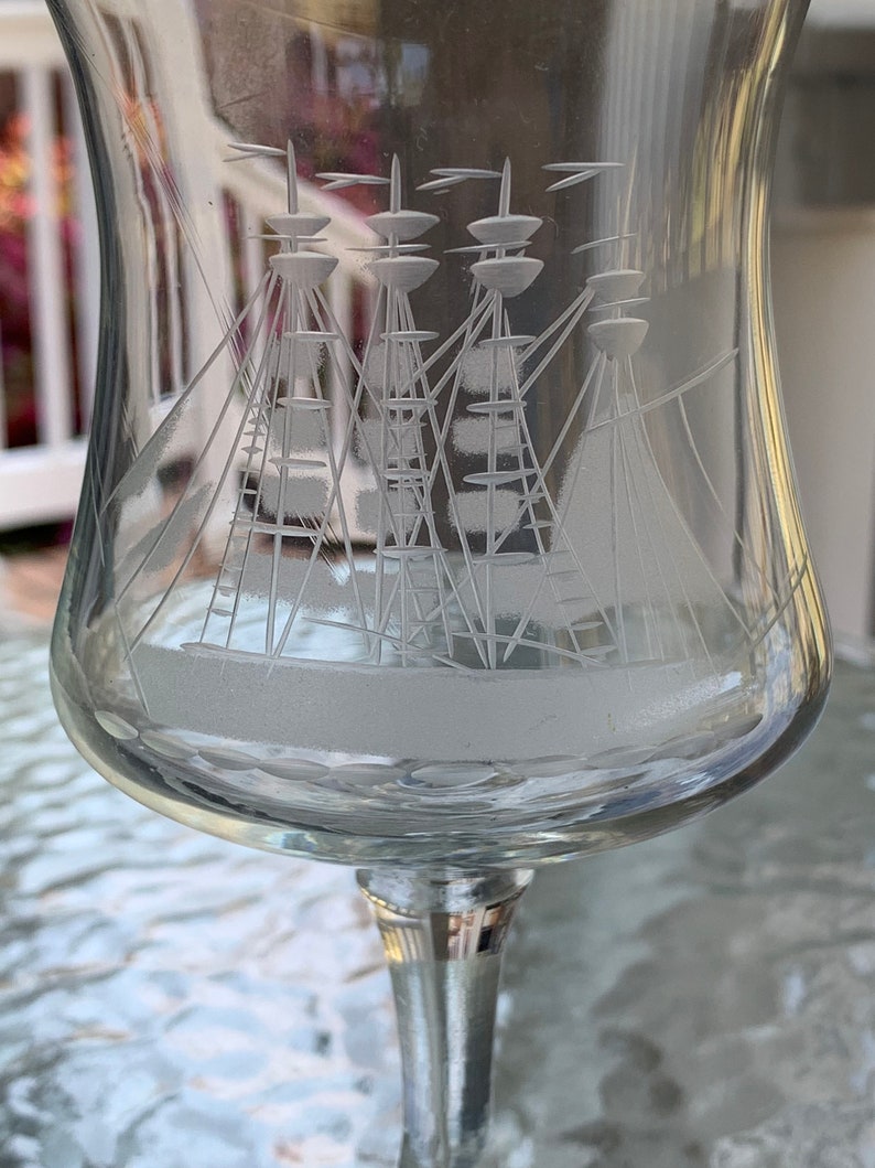 Mid Century Etched Schooner Sailboat Ship Water Goblet or Wine Etsy