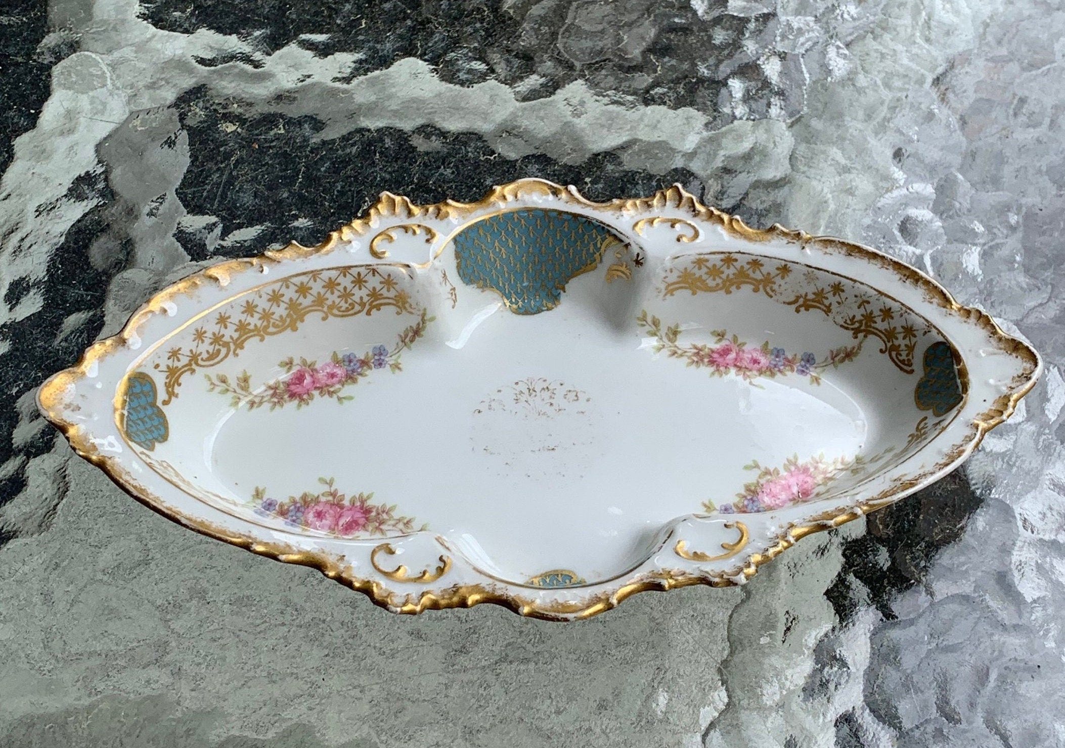 GDA Limoges Blue and White Oval Porcelain Bowl With Heavy Hand Etsy