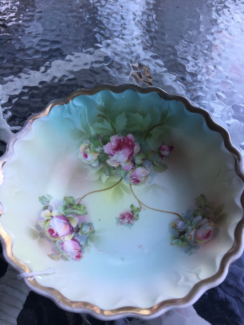Antique Bavarian China Porcelain Bowl with Hand Painted Roses and Gold Accents