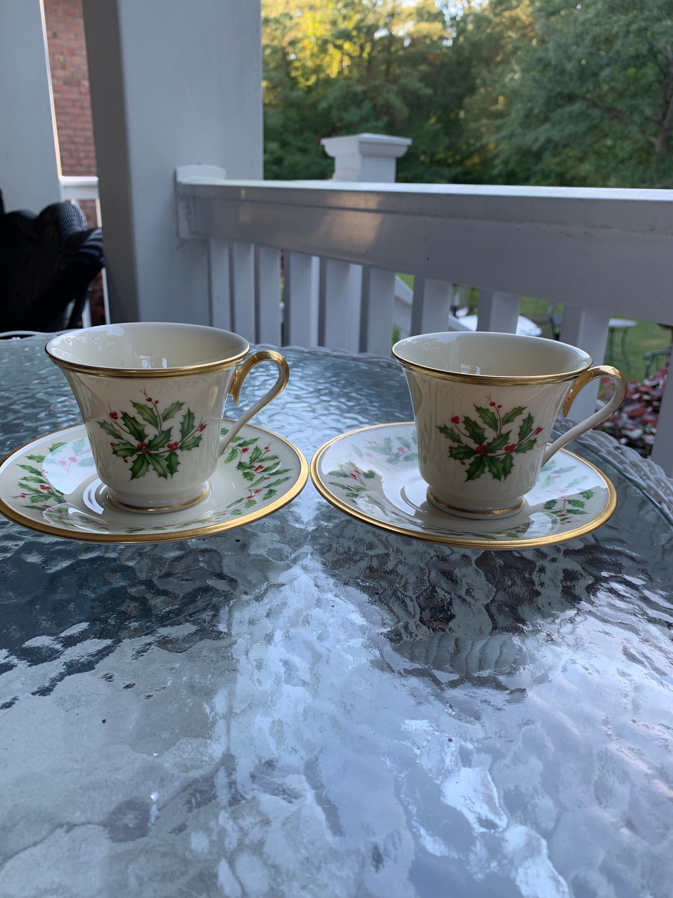 6 Lenox Tea Cup 6 Saucers Holiday Dimension Collection Holly Berries