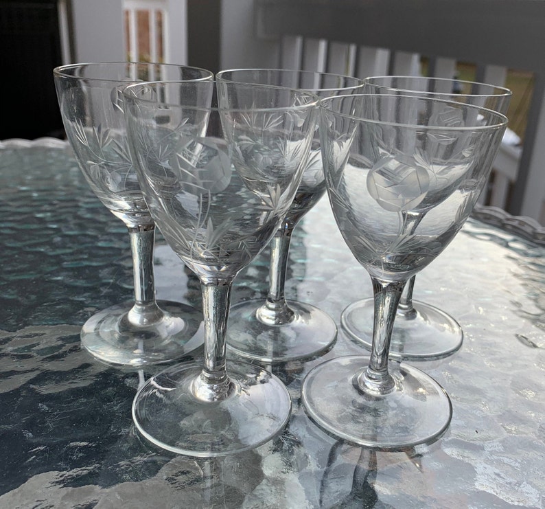 Set of 5 Vintage Crystal Cordial Glasses with Etched Rose and Etsy