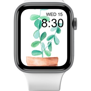Könnte beinhalten: Eine weiße Apple Watch mit einem schwarzen Zifferblatt, das die Uhrzeit 8:30 und das Datum WED 15 anzeigt. Das Zifferblatt der Uhr zeigt eine Aquarell-Illustration einer Topfpflanze mit grünen Blättern.