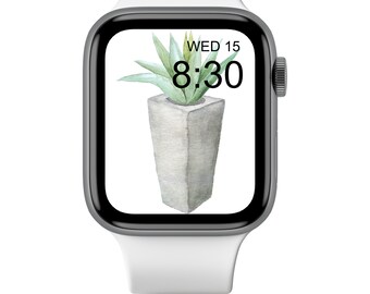 Tall Green Potted Watercolor Cactus Watch Wallpaper, Watch Face, Watch Background, Watch Screensaver, Succulent Floral Plants