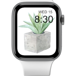 Carta da parati Green Cactus Apple Watch - Quadrante succulento acquerello - Sfondo di piante in vaso - Smartwatch floreale