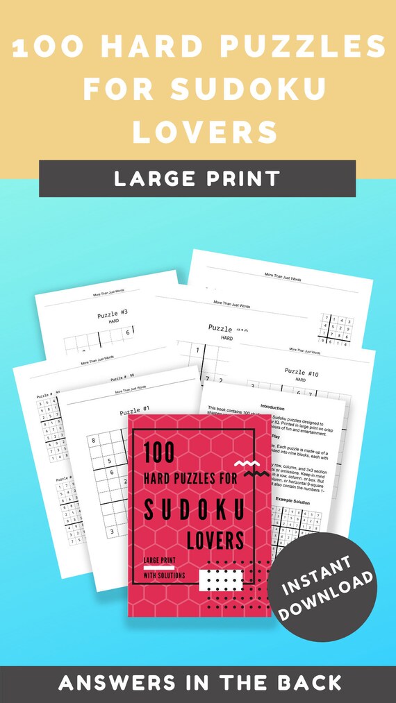 Download Sudoku Printable Puzzle Book Hard 100 Large Print Instant Etsy