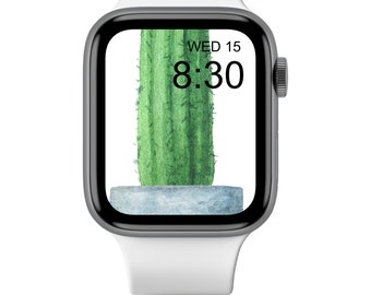 Tall Green Potted Watercolor Cactus Watch Wallpaper, Watch Face, Watch Background, Watch Screensaver, Succulent Floral Plants