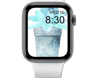 Green Succulent Apple Watch Wallpaper - Watercolor Cactus Watch Face - Potted Plants Background - Floral Smartwatch Screensaver