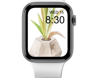 Green Potted Watercolor Succulent Watch Wallpaper, Watch Face, Watch Background, Watch Screensaver, Floral Vase Plants